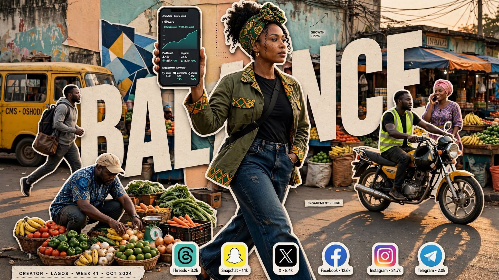 Digital growth dashboard showing organic and paid metrics for Nigerian creators