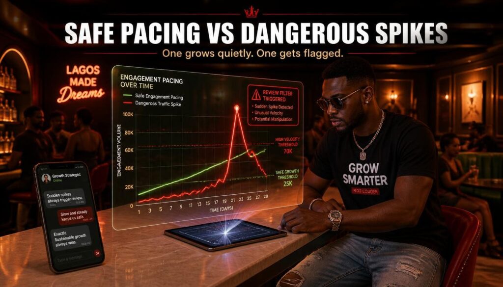 Statistical line graph illustrating steady, natural audience growth pacing versus risky sudden spikes.