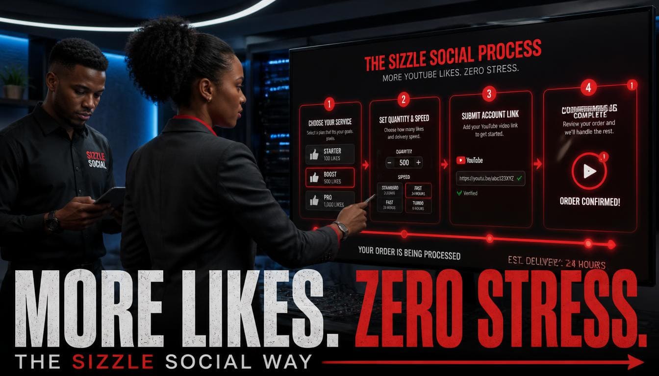 Infographic flowchart showing the simple steps to boost YouTube likes with Sizzle Social.