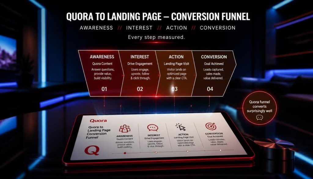 Conversion flowchart demonstrating how optimized Quora answers drive website referral traffic