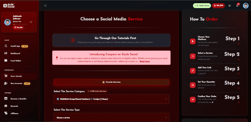 Selecting specific Telegram growth categories inside the Sizzle Social user dashboard.