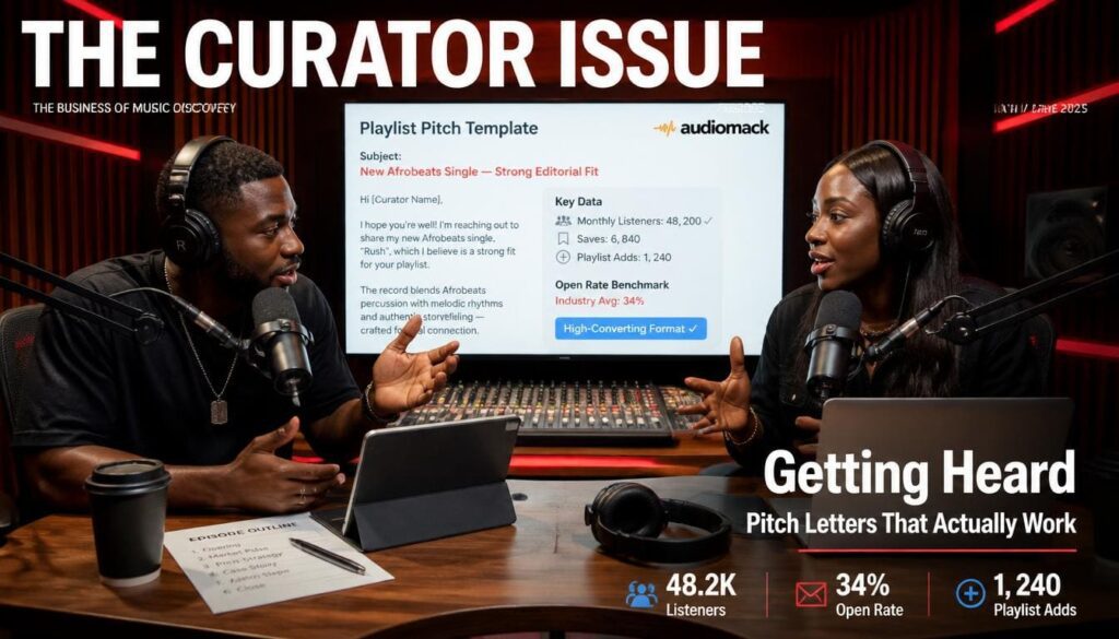 Professional podcast host discussing playlist outreach strategies inside modern soundproof podcast recording studio