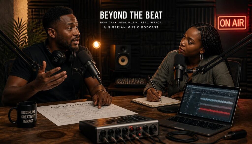 Creative music producer recording a live podcast interview inside a professional broadcast studio.