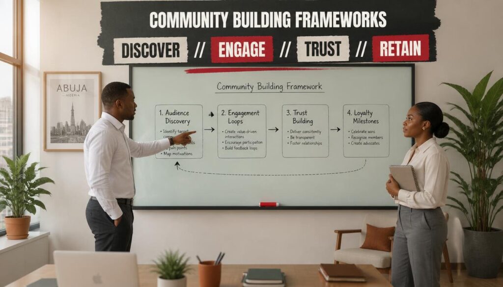 Structured infographic detailing step-by-step methods for building vibrant and interactive digital communities