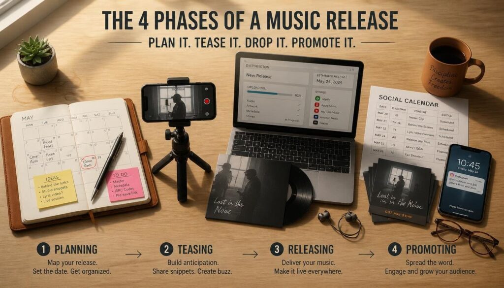 Infographic outlining a step-by-step music release promotion plan for independent Nigerian artists.