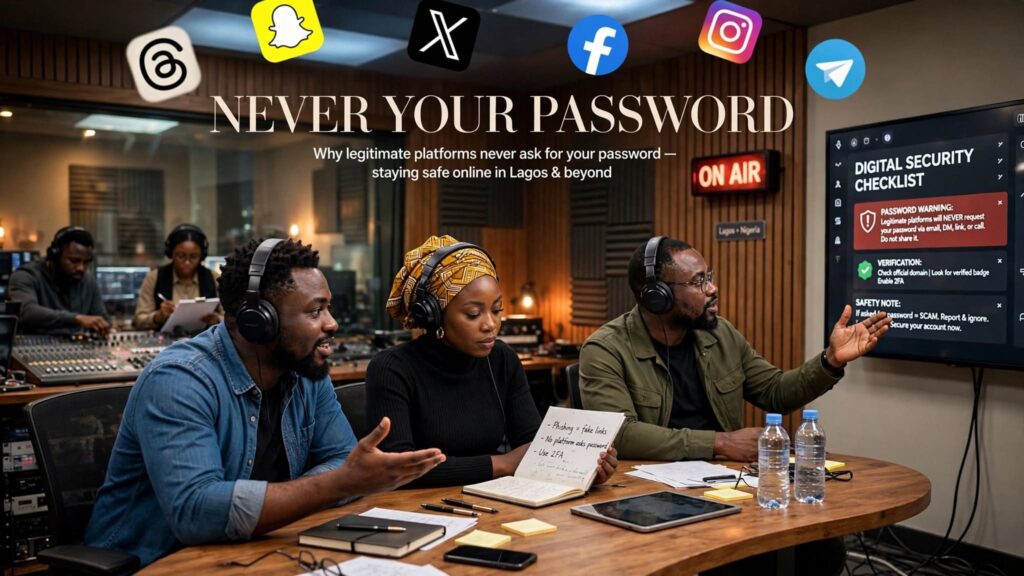 Podcast studio setup with creators discussing social media account security and password risks