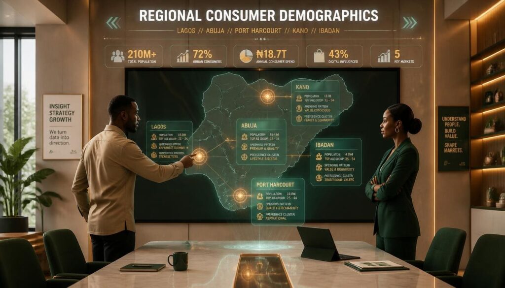Map and demographic infographics highlighting key audience segments across major Nigerian cities.