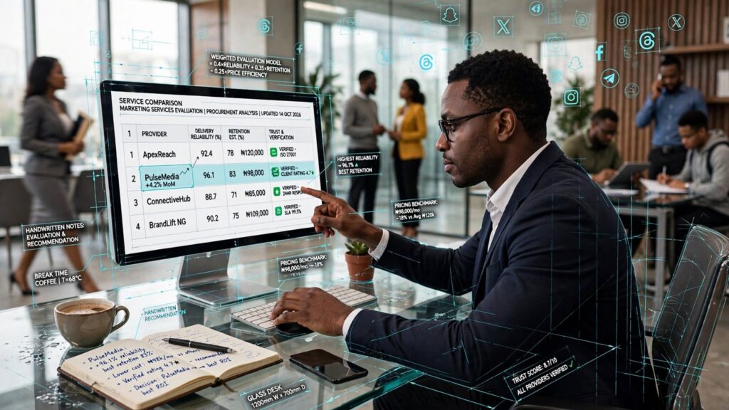 Tech startup founder comparing various Nigerian social media boosting platforms carefully