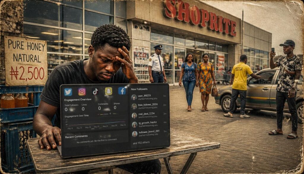 Frustrated Nigerian business owner staring at low engagement metrics on a laptop screen