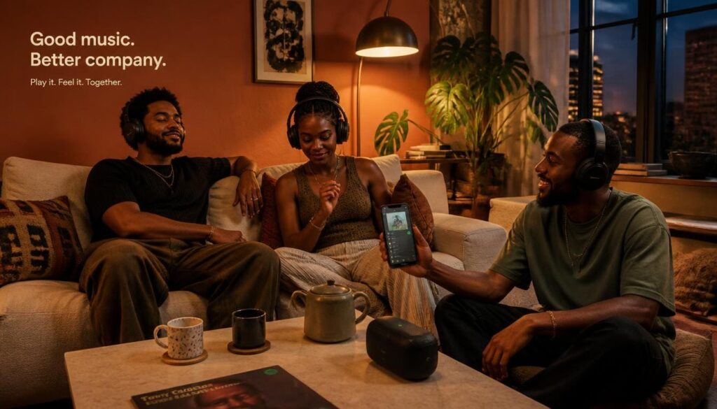 Relaxed music fans enjoying a great listening session together inside a cozy, ambient lounge setting.