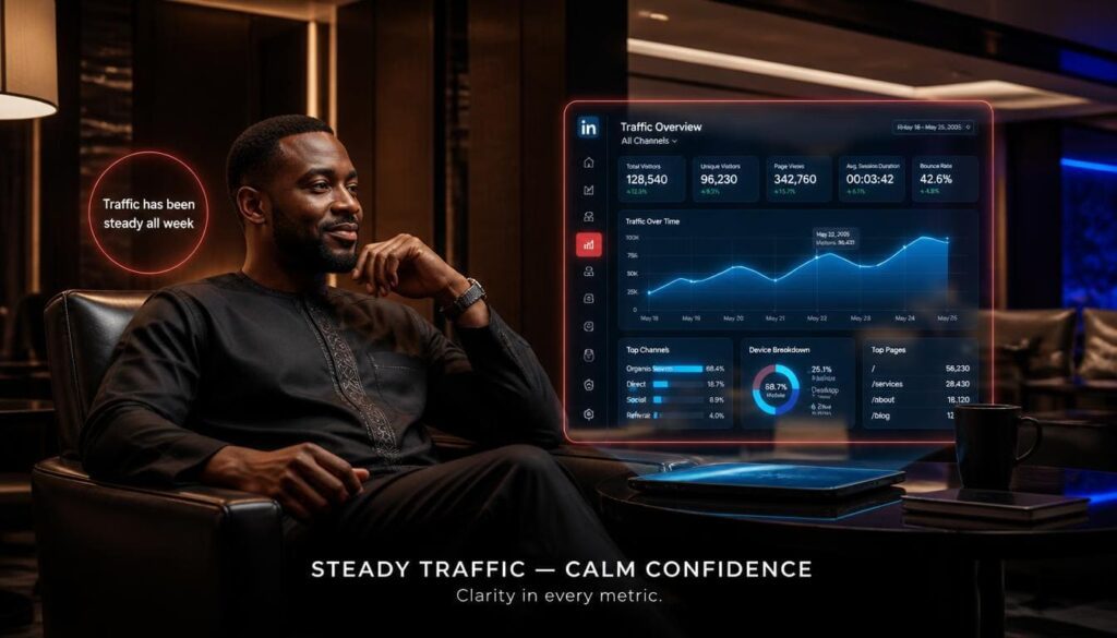 Nigerian digital creator inspecting trustworthy promotional campaign analytics and audience traffic charts in modern lounge