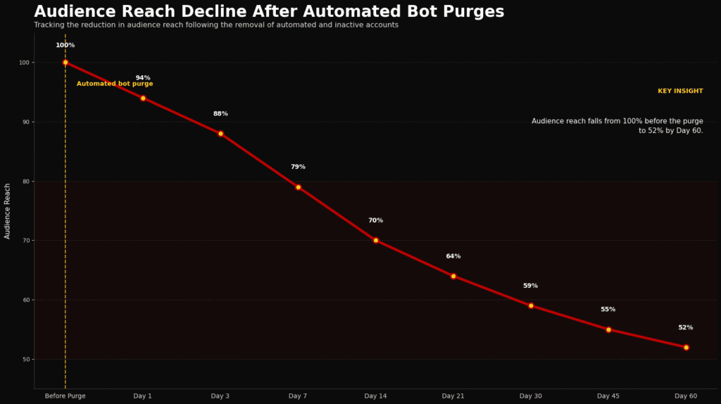 Line chart demonstrating audience reach decline after automated bot purges