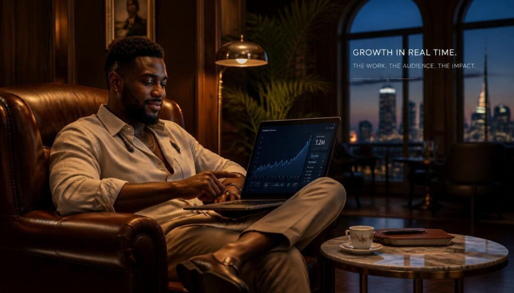 Nigerian music producer reviewing streaming analytics on a sleek laptop inside a luxury lounge.