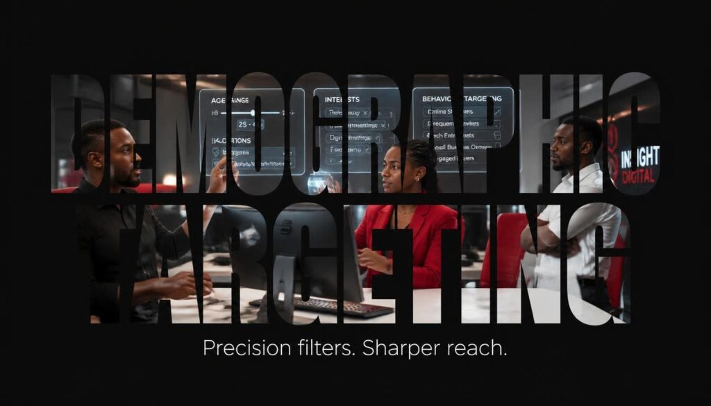 A digital marketer configuring detailed audience parameters on a large dual-monitor setup.