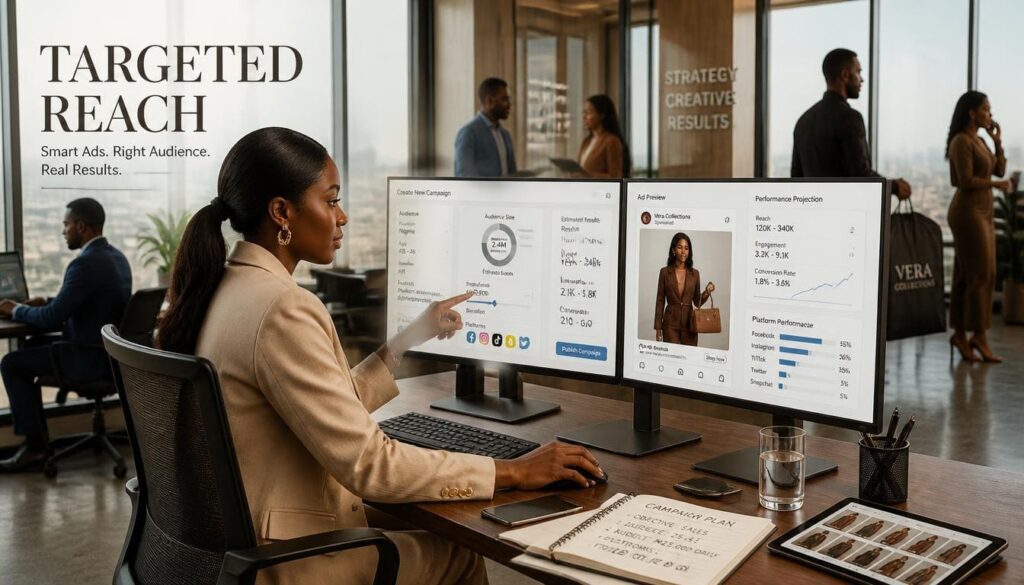 E-commerce business owner managing Meta ad campaigns on a dual-monitor computer setup