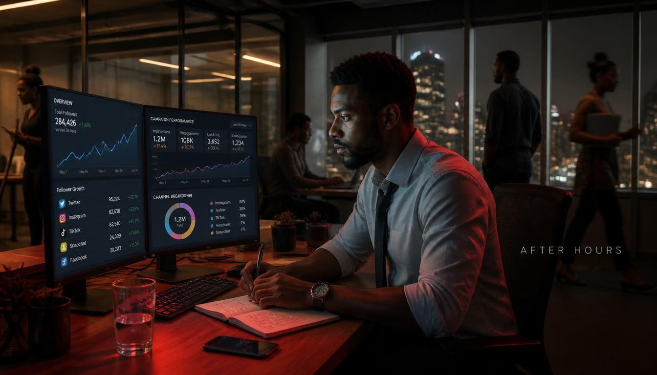 A professional reviewing secure social media growth analytics on a sleek glass desk in an office.
