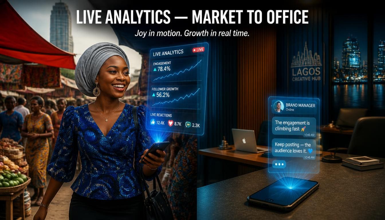 Happy Nigerian business owner celebrating increased social engagement on a modern phone screen