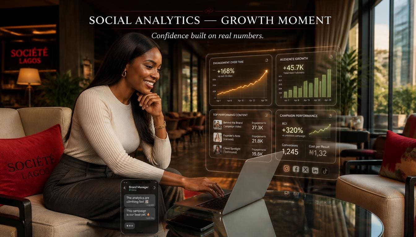 Nigerian entrepreneur smiling while checking Facebook engagement analytics on a sleek modern office desk.