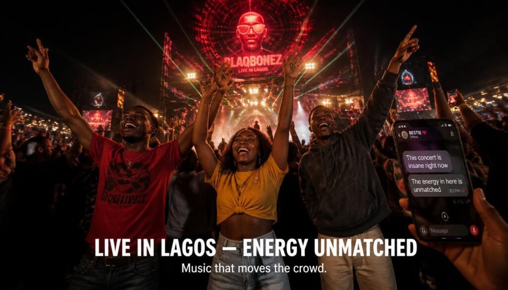Live concert audience cheering enthusiastically during an energetic musical performance in Lagos