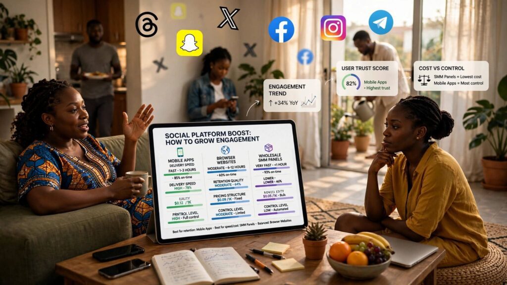 Infographic comparing app background tasks, direct browser websites, and wholesale SMM panels