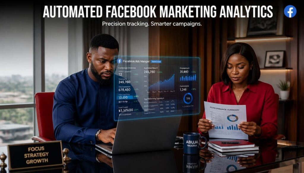 Focused business owner reviewing automated Facebook marketing software analytics in a sleek Abuja office glass desk.