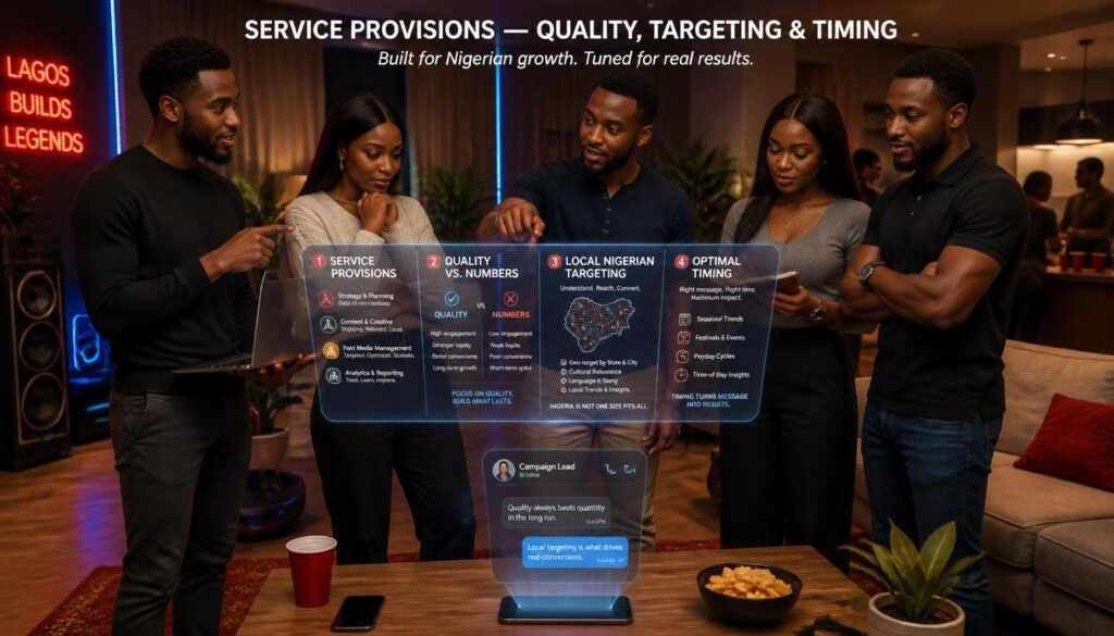 Defines essential service provisions, quality vs. numbers, local Nigerian targeting, and timing for promotional growth.
