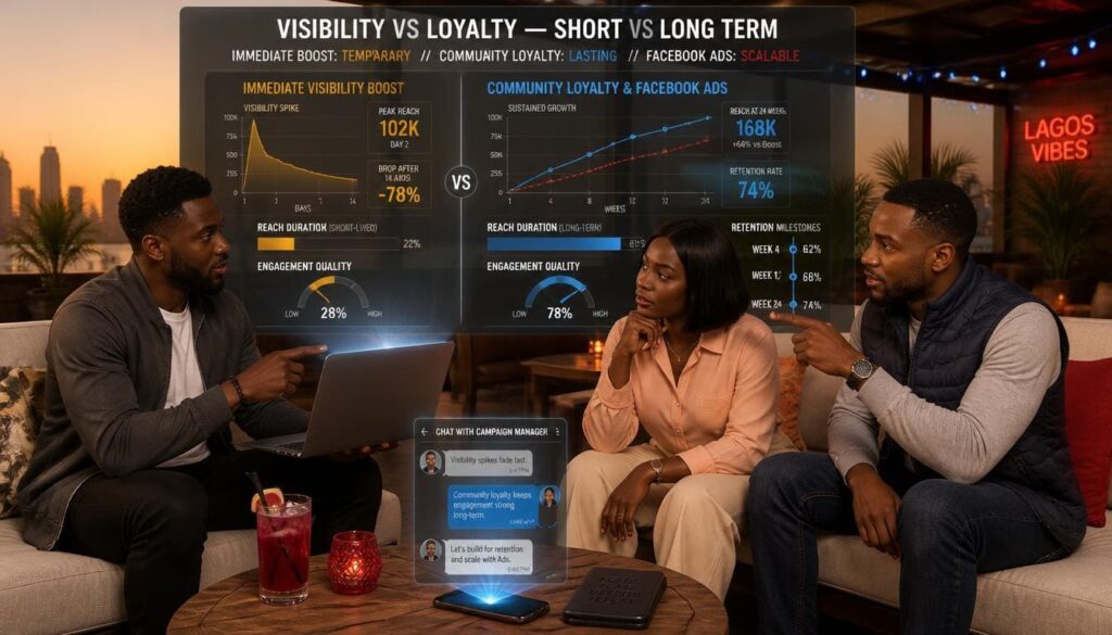 Compares immediate visibility boosts with community loyalty, Facebook Ads, and long-term engagement quality.