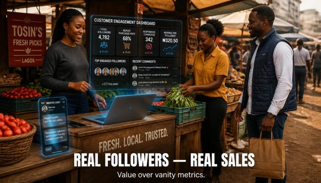 Nigerian business owner smiling while reviewing high-value customer orders