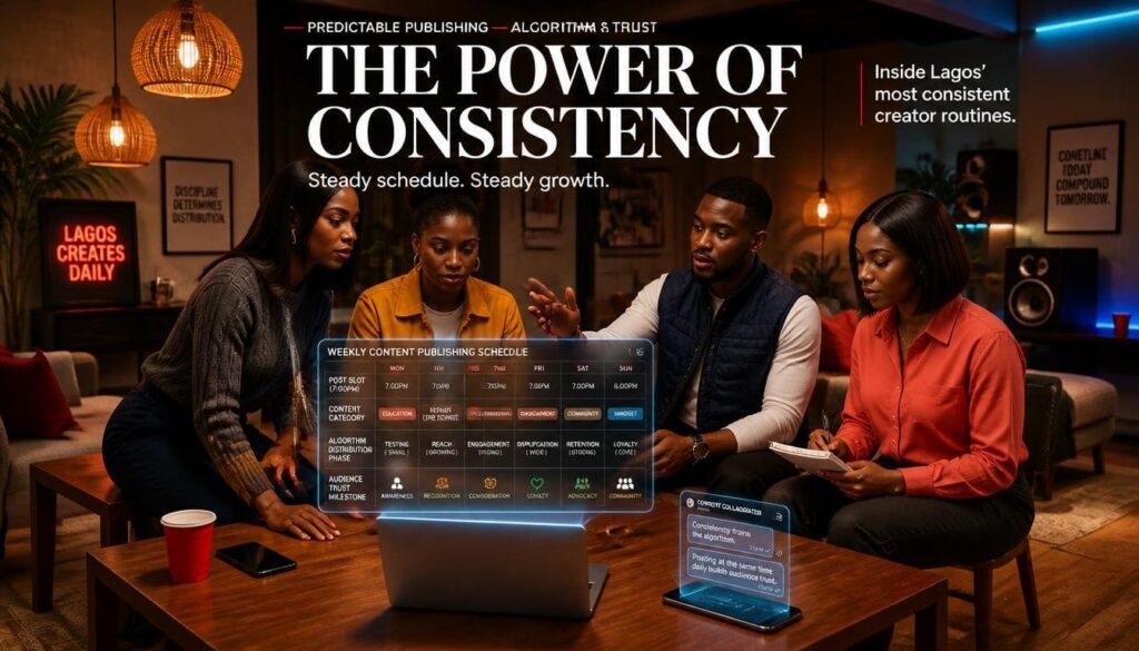 Nigerian entrepreneur organizing a content calendar on a desk in an office