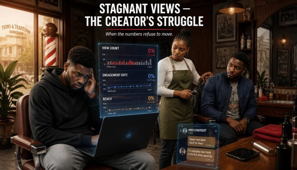 Nigerian creator looking frustrated at a laptop in a modern Lagos office