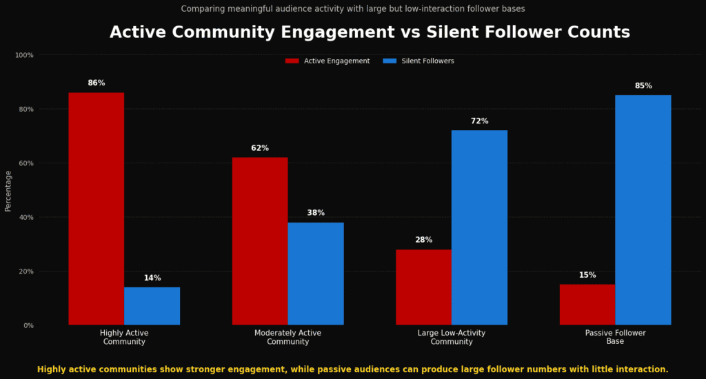 Bar chart comparing high active community engagement against large silent follower counts.