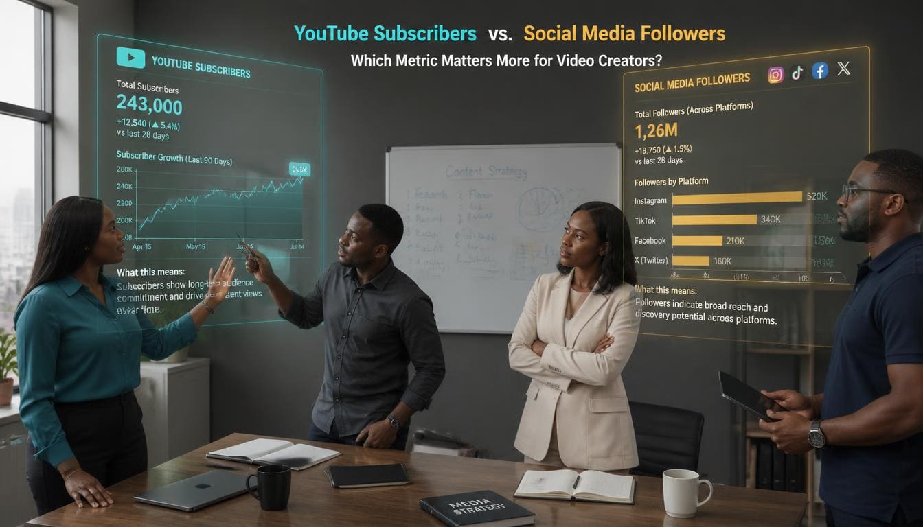 Comparative breakdown graphic showing YouTube followers vs subscribers channel growth metrics