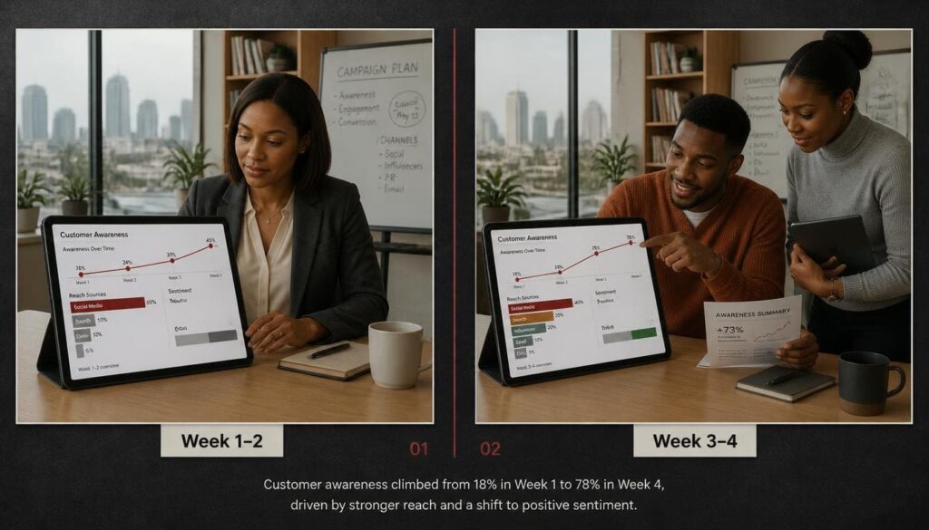 Bar chart tracking customer awareness growth through consistent daily WhatsApp status updates over time.